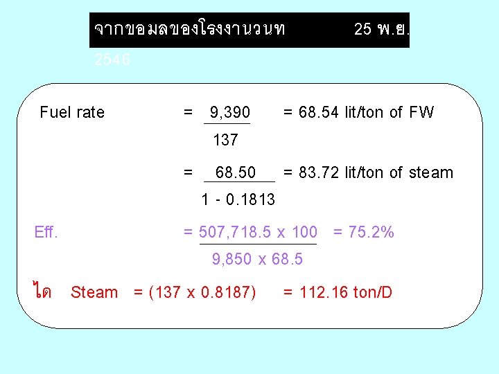 จากขอมลของโรงงานวนท 2546 Fuel rate 25 พ. ย. = 9, 390 = 68. 54 lit/ton