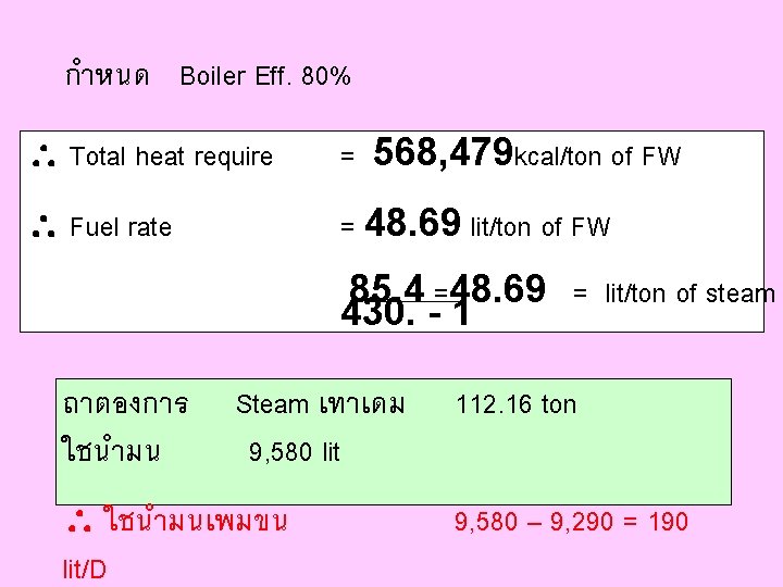 กำหนด Boiler Eff. 80% Total heat require = 568, 479 kcal/ton of FW Fuel