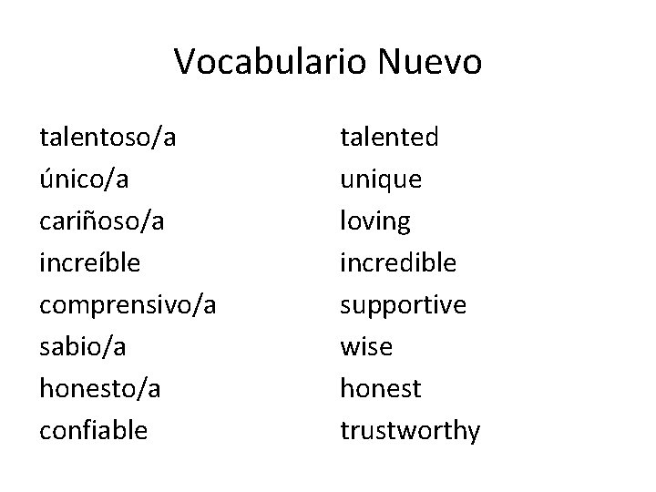 Vocabulario Nuevo talentoso/a único/a cariñoso/a increíble comprensivo/a sabio/a honesto/a confiable talented unique loving incredible