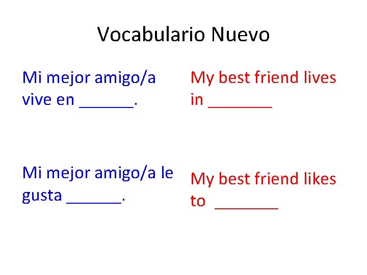 Vocabulario Nuevo Mi mejor amigo/a vive en ______. My best friend lives in _______