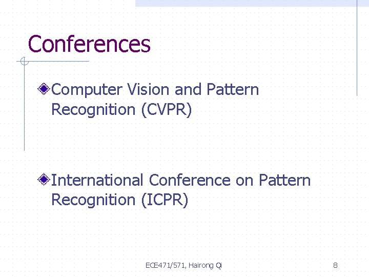 Conferences Computer Vision and Pattern Recognition (CVPR) International Conference on Pattern Recognition (ICPR) ECE