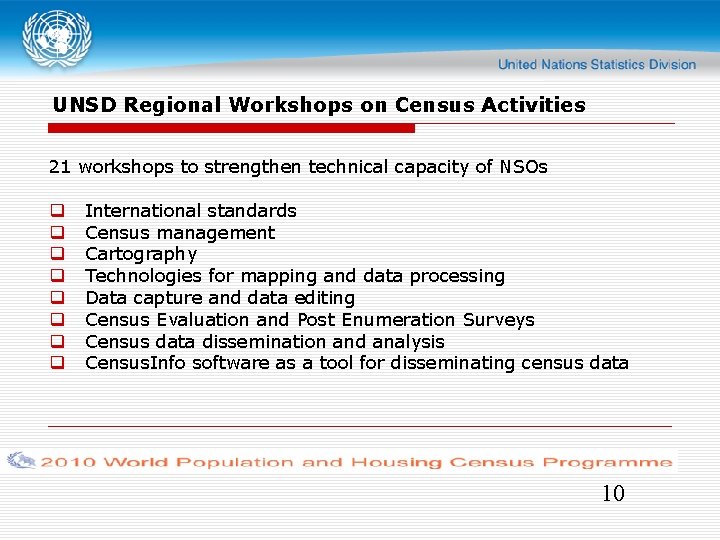 UNSD Regional Workshops on Census Activities 21 workshops to strengthen technical capacity of NSOs