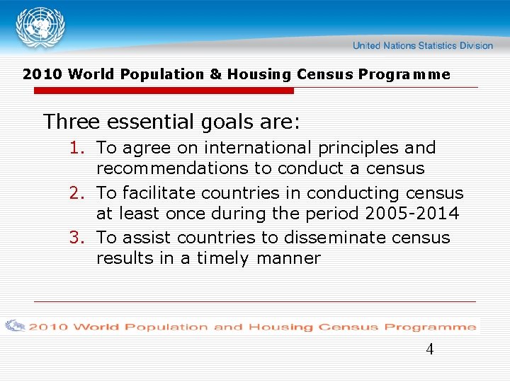 2010 World Population & Housing Census Programme Three essential goals are: 1. To agree