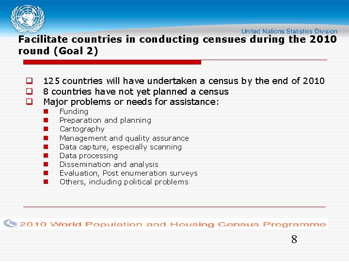 Facilitate countries in conducting censues during the 2010 round (Goal 2) 125 countries will