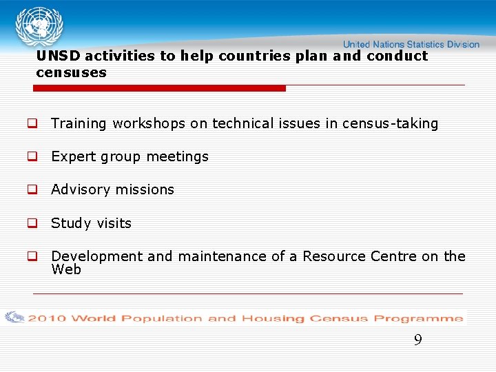 UNSD activities to help countries plan and conduct censuses Training workshops on technical issues