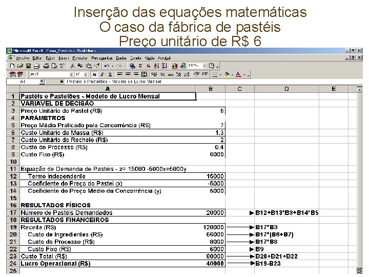 Inserção das equações matemáticas O caso da fábrica de pastéis Preço unitário de R$