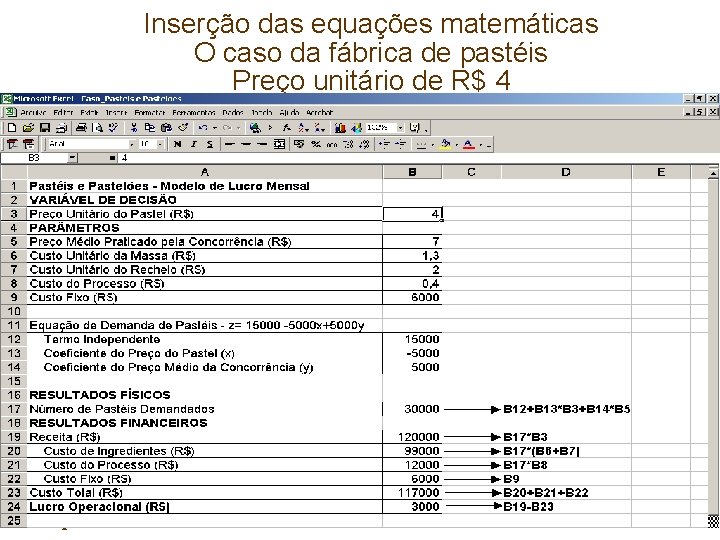 Inserção das equações matemáticas O caso da fábrica de pastéis Preço unitário de R$