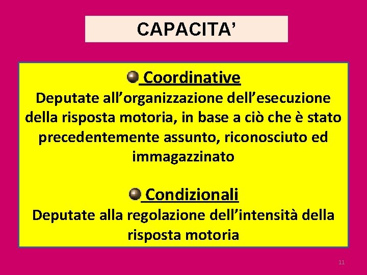 CAPACITA’ Coordinative Deputate all’organizzazione dell’esecuzione della risposta motoria, in base a ciò che è