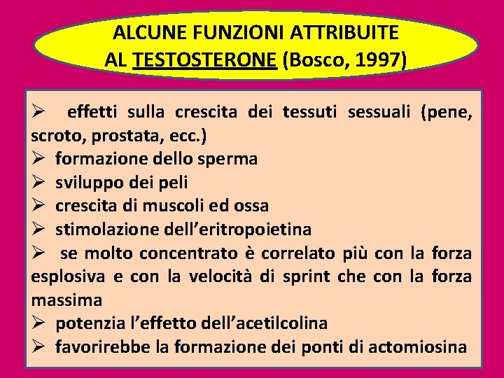 ALCUNE FUNZIONI ATTRIBUITE AL TESTOSTERONE (Bosco, 1997) Ø effetti sulla crescita dei tessuti sessuali