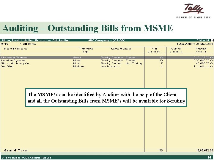 Auditing – Outstanding Bills from MSME The MSME’s can be identified by Auditor with