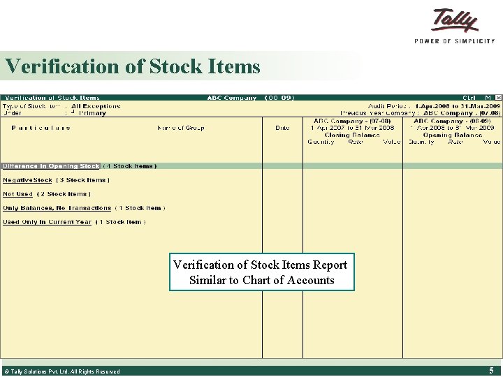 Verification of Stock Items Report Similar to Chart of Accounts © Tally Solutions Pvt.