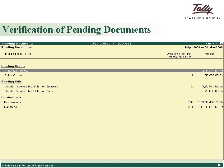 Verification of Pending Documents © Tally Solutions Pvt. Ltd. All Rights Reserved 8 