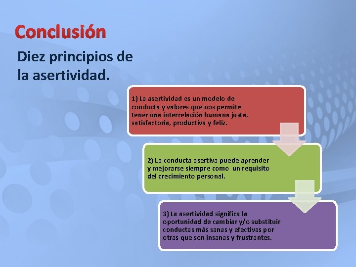 Conclusión Diez principios de la asertividad. 1) La asertividad es un modelo de conducta Conclusión Diez principios de la asertividad. 1) La asertividad es un modelo de conducta