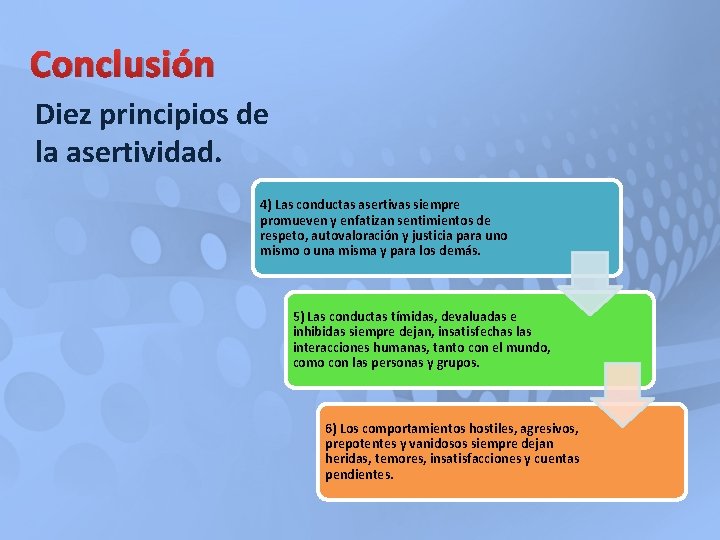 Conclusión Diez principios de la asertividad. 4) Las conductas asertivas siempre promueven y enfatizan Conclusión Diez principios de la asertividad. 4) Las conductas asertivas siempre promueven y enfatizan