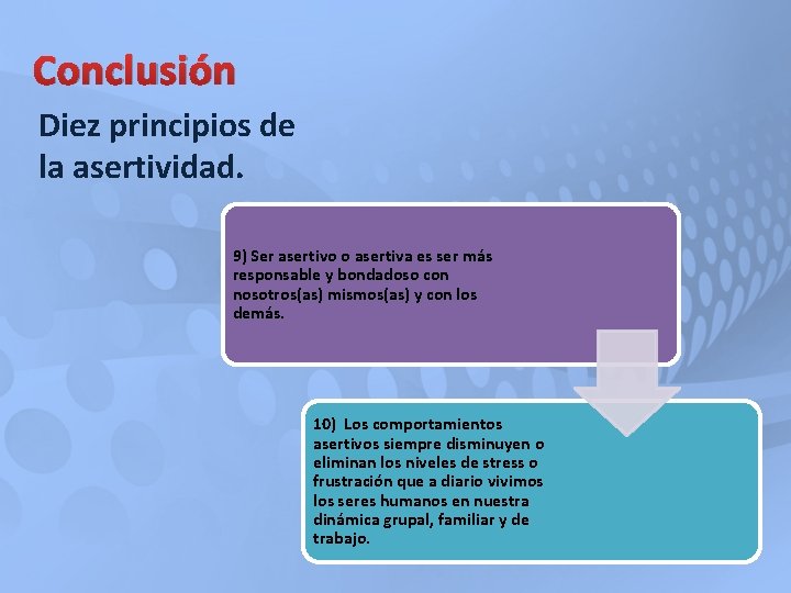 Conclusión Diez principios de la asertividad. 9) Ser asertivo o asertiva es ser más Conclusión Diez principios de la asertividad. 9) Ser asertivo o asertiva es ser más