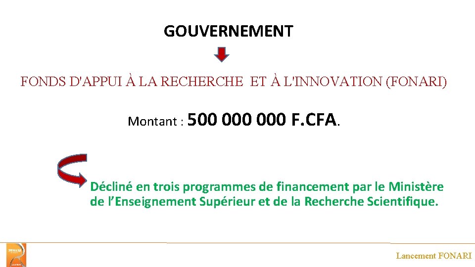 GOUVERNEMENT FONDS D'APPUI À LA RECHERCHE ET À L'INNOVATION (FONARI) Montant : 500 000