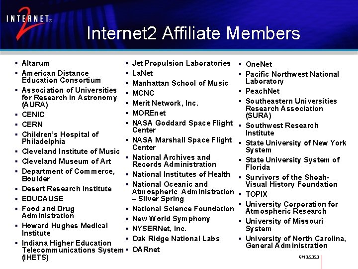 Internet 2 Affiliate Members Altarum American Distance Education Consortium Association of Universities for Research