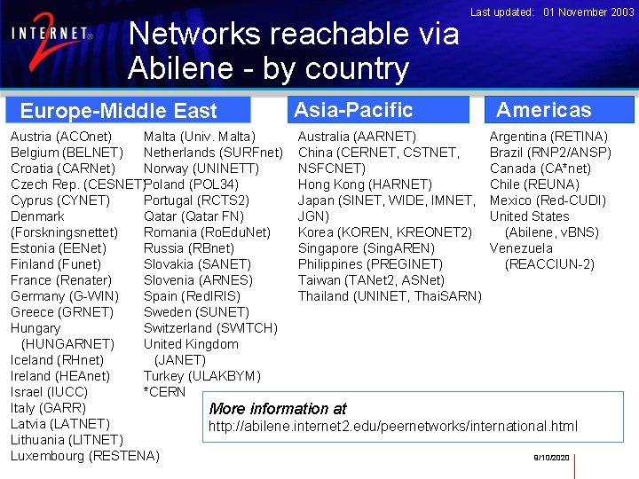 Networks reachable via Abilene - by country Europe-Middle East Asia-Pacific Last updated: 01 November