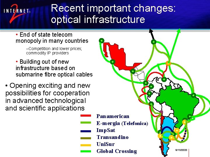 Recent important changes: optical infrastructure • End of state telecom monopoly in many countries