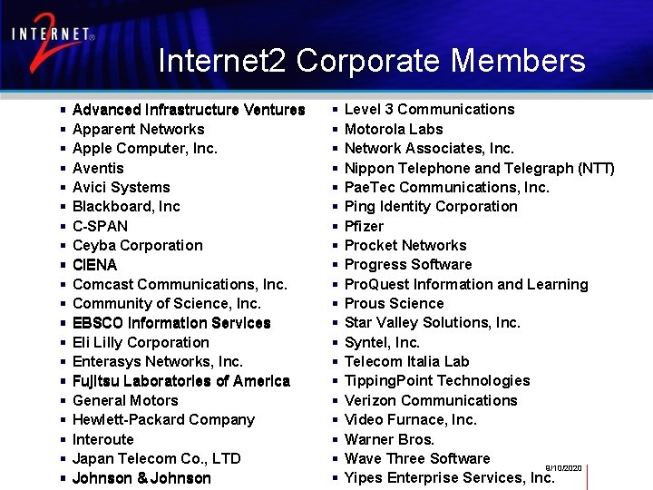 Internet 2 Corporate Members Advanced Infrastructure Ventures Apparent Networks Apple Computer, Inc. Aventis Avici