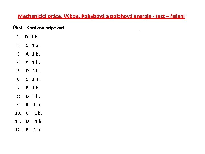 Mechanická práce. Výkon. Pohybová a polohová energie - test – řešení Úkol Správná odpověď