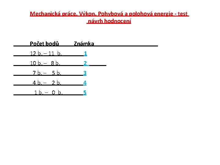 Mechanická práce. Výkon. Pohybová a polohová energie - test návrh hodnocení Počet bodů Známka