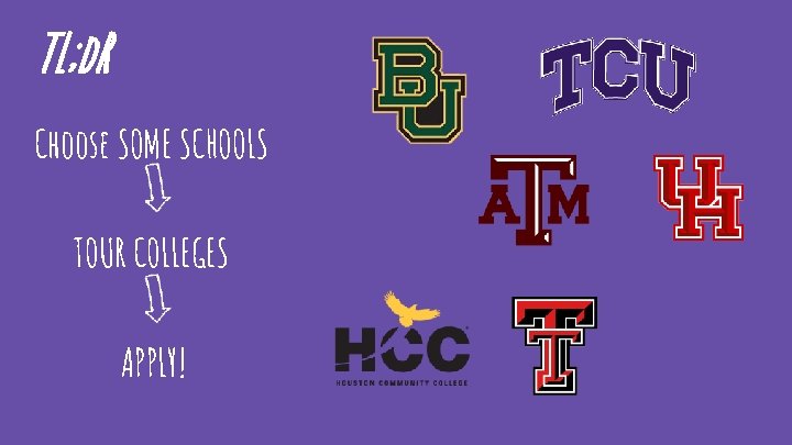 TL; d. R Choose SOME SCHOOLS TOUR COLLEGES APPLY! 