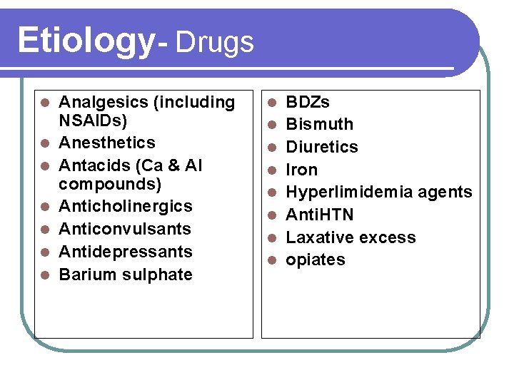 Etiology- Drugs l l l l Analgesics (including NSAIDs) Anesthetics Antacids (Ca & Al
