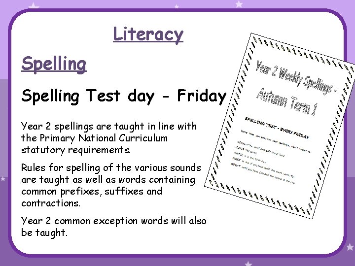 Literacy Spelling Test day - Friday Year 2 spellings are taught in line with