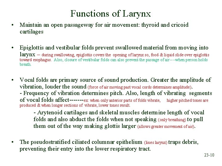 Functions of Larynx • Maintain an open passageway for air movement: thyroid and cricoid
