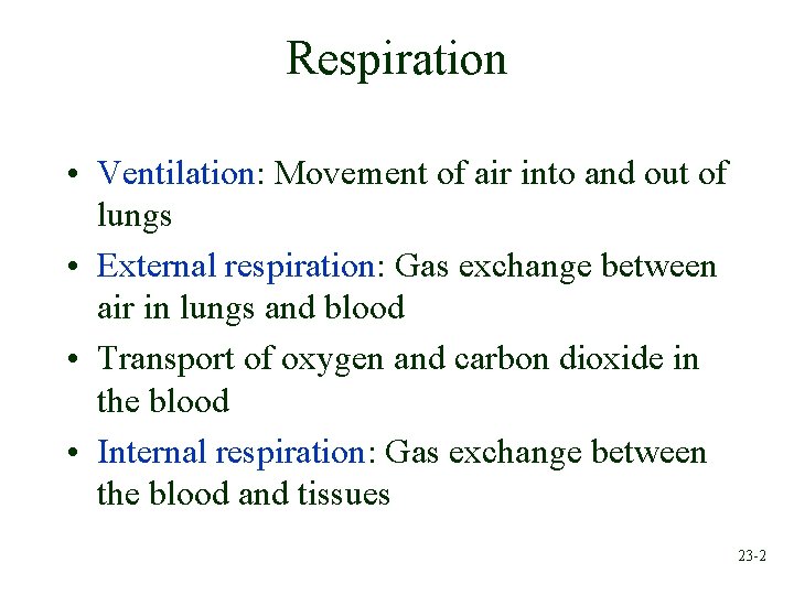 Respiration • Ventilation: Movement of air into and out of lungs • External respiration: