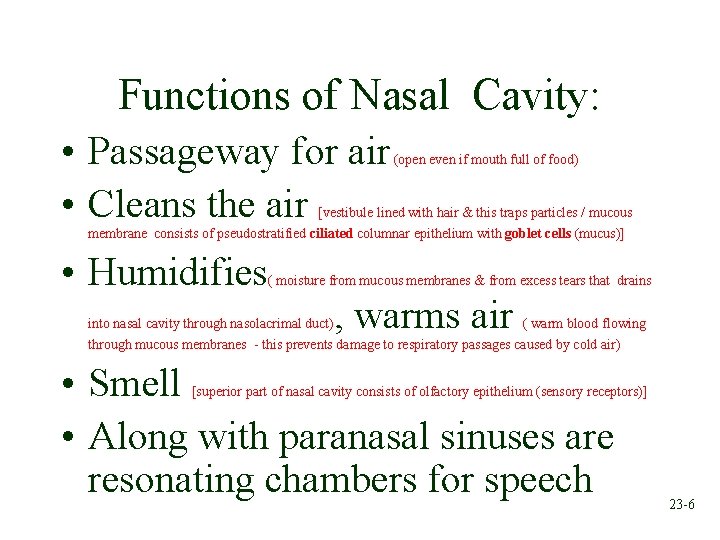 Functions of Nasal Cavity: • Passageway for air • Cleans the air (open even