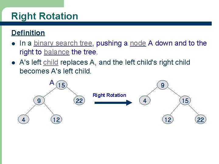 Right Rotation Definition l In a binary search tree, pushing a node A down