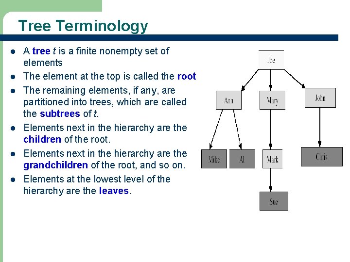 Tree Terminology l l l A tree t is a finite nonempty set of