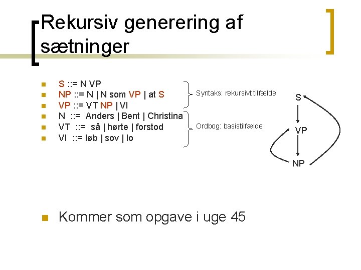 Rekursiv generering af sætninger n n n S : : = N VP NP Rekursiv generering af sætninger n n n S : : = N VP NP