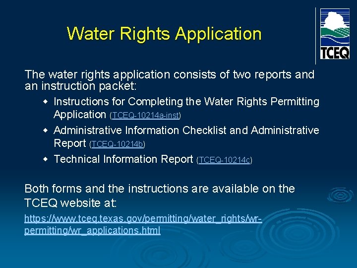 Water Rights Application The water rights application consists of two reports and an Water Rights Application The water rights application consists of two reports and an