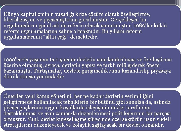 Dünya kapitalizminin yaşadığı krize çözüm olarak özelleştirme, liberalizasyon ve piyasalaştırma görülmüştür. Gerçekleşen bu uygulamaların Dünya kapitalizminin yaşadığı krize çözüm olarak özelleştirme, liberalizasyon ve piyasalaştırma görülmüştür. Gerçekleşen bu uygulamaların