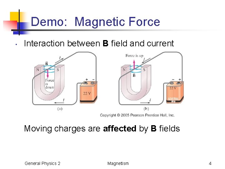 Demo: Magnetic Force • Interaction between B field and current Moving charges are affected