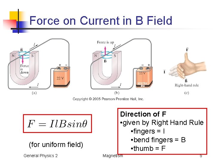 Force on Current in B Field (for uniform field) General Physics 2 Direction of
