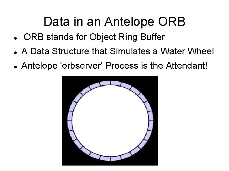 Data in an Antelope ORB stands for Object Ring Buffer A Data Structure that