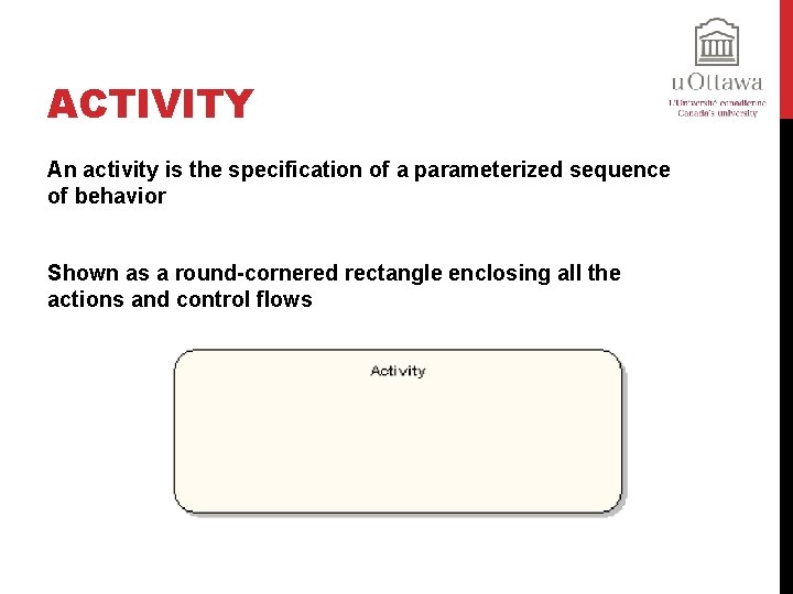 ACTIVITY An activity is the specification of a parameterized sequence of behavior Shown as