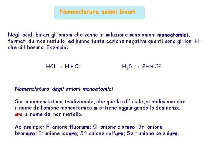 Nomenclatura anioni binari Negli acidi binari gli anioni che vanno in soluzione sono anioni
