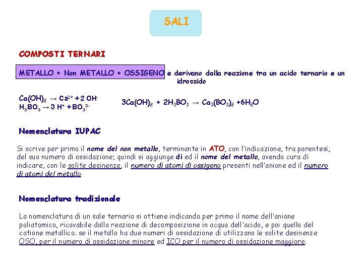 SALI COMPOSTI TERNARI METALLO + Non METALLO + OSSIGENO e derivano dalla reazione tra