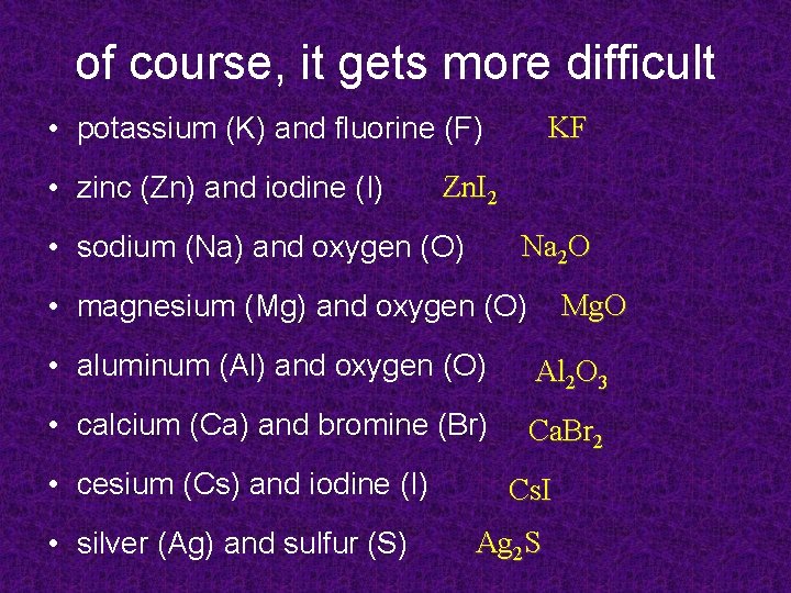 of course, it gets more difficult KF • potassium (K) and fluorine (F) •