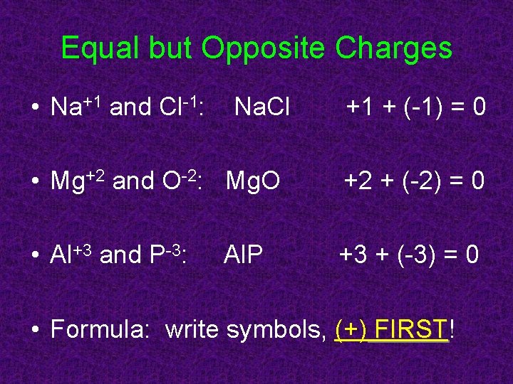 Equal but Opposite Charges • Na+1 and Cl-1: Na. Cl +1 + (-1) =