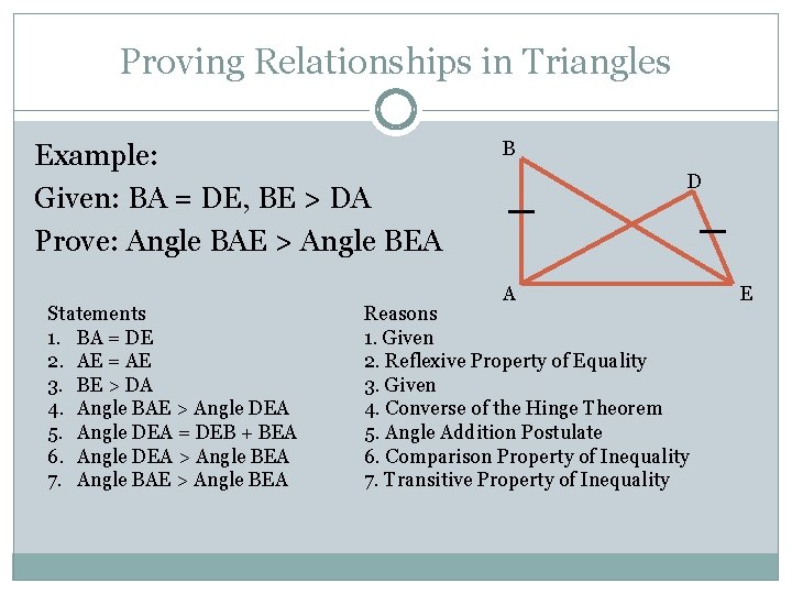 Proving Relationships in Triangles Example: Given: BA = DE, BE > DA Prove: Angle Proving Relationships in Triangles Example: Given: BA = DE, BE > DA Prove: Angle