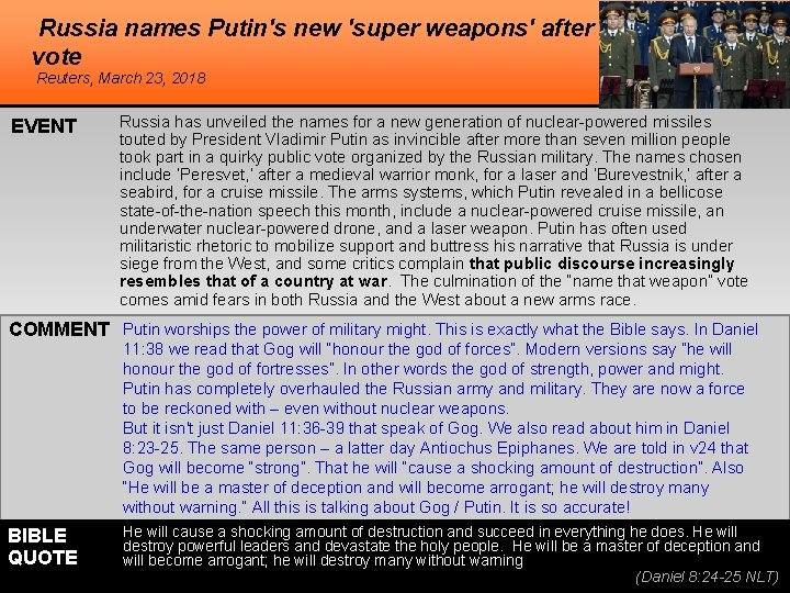 Russia names Putin's new 'super weapons' after vote Reuters, March 23, 2018 EVENT Russia