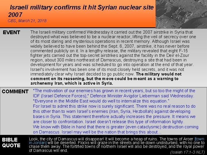 Israeli military confirms it hit Syrian nuclear site 2007 in CBS, March 21, 2018