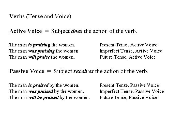 Verbs (Tense and Voice) Active Voice = Subject does the action of the verb.