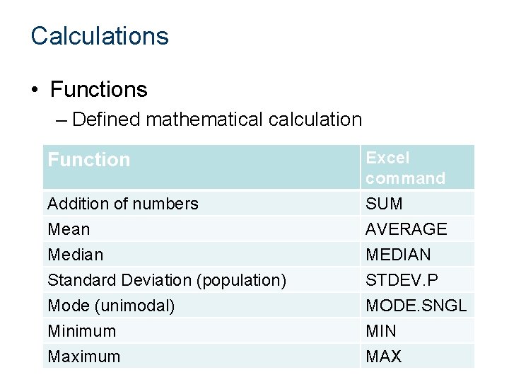 Calculations • Functions – Defined mathematical calculation Function Excel command Addition of numbers Mean
